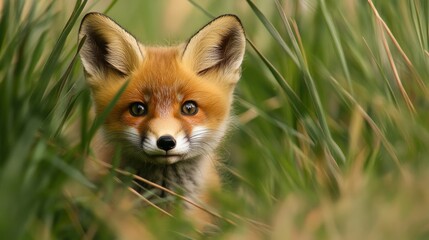 A curious red fox cub peeking from behind tall grass, with space for text in the background
