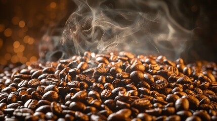 Obraz premium Freshly roasted coffee beans with steam rising, illuminated in warm light, enhancing their rich textures and creating an inviting atmosphere.