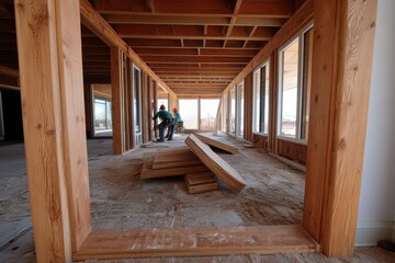 A detailed image of two construction workers actively building inside the wooden frame of a house, emphasizing teamwork and the ongoing construction process.