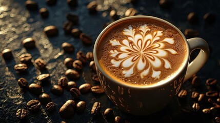 A beautifully crafted latte with flower latte art on a dark textured table surrounded by glossy coffee beans, highlighted by artistic lighting.