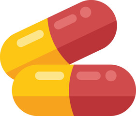 Simple flat vector illustration of two red and yellow pills lying on each other on a white background