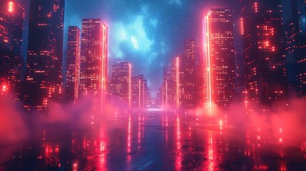 Fototapeta premium 3d render, abstract red blue neon background. Glowing linear volumetric cube in the middle of the city street, under the starry night sky. Digital futuristic wallpaper