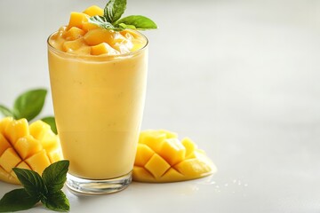 Mango Lassi set off on a white backdrop. Generative Ai