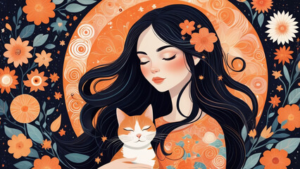 Tranquil Whimsy- A Woman and Her Celestial Cat