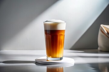 Tumbler filled with cold brew nitro tea and topped with a silky smooth creamy head is positioned on a clean white surface under bright softbox lighting with minimal shadows and subtle highlights.