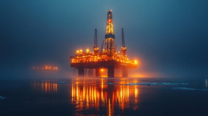 Oil Rig Illuminated in the Twilight Fog