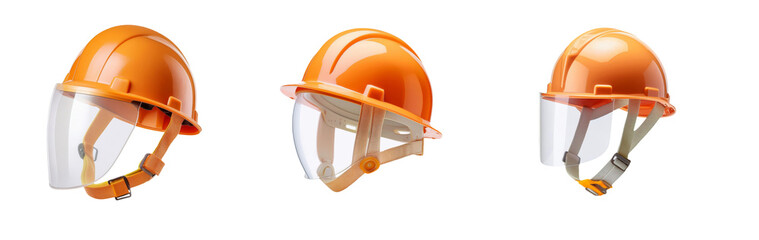 Fototapeta premium Orange safety helmets with face shields, isolated on transparent background.