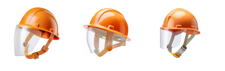 Orange safety helmets with face shields, isolated on transparent background.