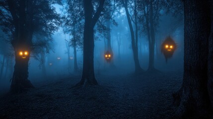 Mysterious Forest Scene with Glowing Eyes and Eerie Fog