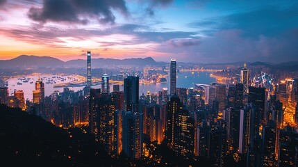 Obraz premium Sunset skyline of metropolitan city with skyscrapers