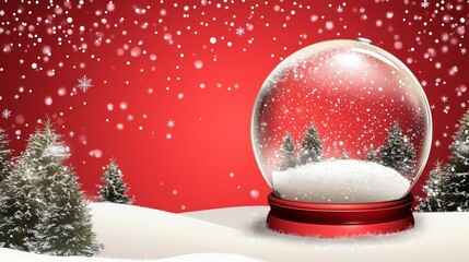 Christmas glass snow globe empty stands on the snow with fir trees. Red background with realistic 3d transparent snow ball. Xmas platform podium. Holiday banner and poster. vector illustration