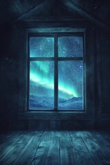 An empty room with a window showing a glowing aurora in the night sky 