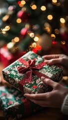 Close-Up of Hands Unwrapping Festive Christmas Gift with Red Ribbon in Decorated Holiday Home