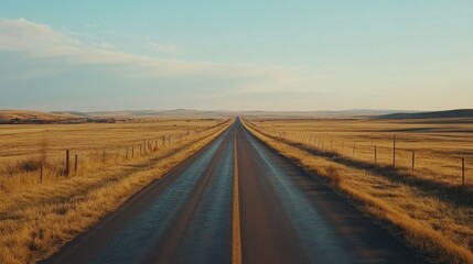 A straight empty road disappearing into the horizon, surrounded by open fields, plenty of room for copy
