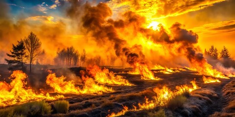 Controlled flames dance across the landscape, fueled by bright yellow and orange hues, with shadows accentuating the textured, charred remains of the environment.
