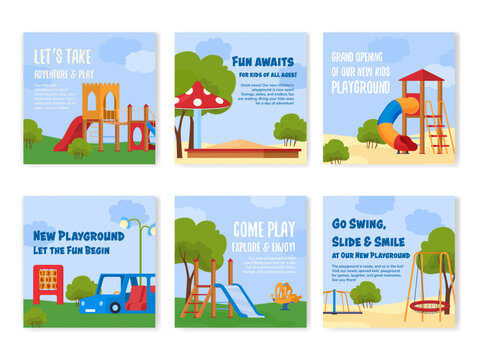 Banners introducing the grand opening of a new children s play area with fun activities and adventures for all ages