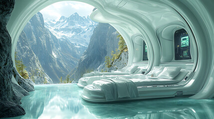 Obraz premium Healthcare card celebrating the future of smart hospitals featuring a sleek design with an expansive blank space on the lower right complemented by subtle 3D illustrations of automated medical systems