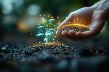 Hand holding hologram of farmer planting seeds in fertile soil symbolizing organic farming.