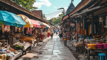 Naklejka premium A bustling local market in the late afternoon, showcasing vibrant fruits and vegetables with shoppers exploring the colorful stalls