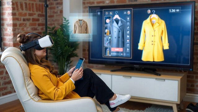 Virtual Fashion Try-On Experience, A woman immersed in a virtual clothing store using VR technology. She browses through digital garments displayed on a television screen.
