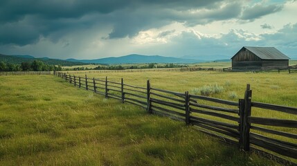 A wide view of a green pasture with wooden fence and distant barn, no animals or people, space for text