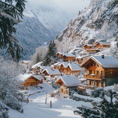 Snowy Mountain Village in the Alps