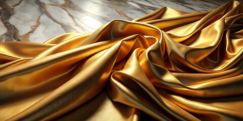 Rich folds of taffeta drape elegantly across a gleaming marble surface, basking in warm, golden light that accentuates its intricate weave.