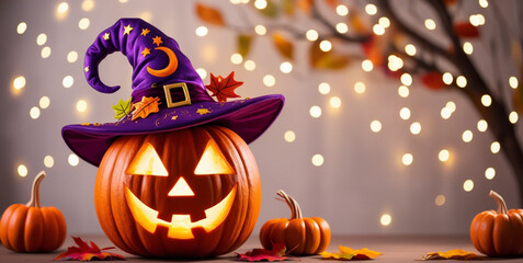 Naklejka premium A festive Halloween display features a jack-o'-lantern wearing a witch hat, surrounded by warm, twinkling lights.