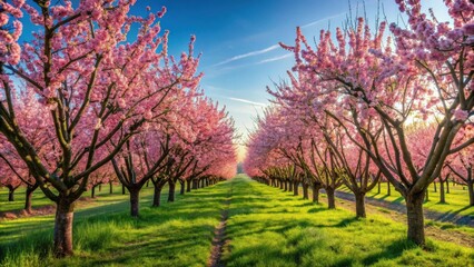 Fruit trees in full bloom in a spring garden orchard