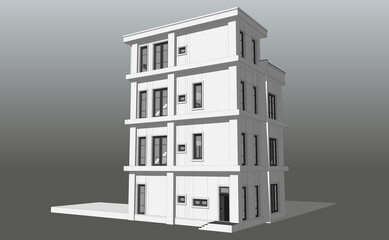 3D Rendering of a apartment building modern classic Style 4-floor model. on gray background.