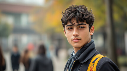 Fototapeta premium A young man stands confidently in an urban park, with vibrant autumn leaves around him, while other people mill about in the background
