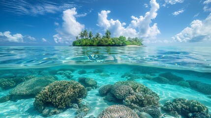 Fototapeta premium Beautiful underwater view of lone small island above and below the water surface in turquoise waters of tropical ocean. 