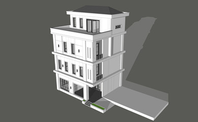 3D Rendering of a apartment building modern classic Style 4-floor model. on gray background.