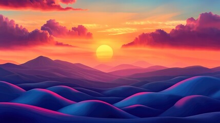 A stunning sunset over rolling hills with vibrant colors illuminating the sky and mountains in a serene landscape