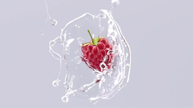 Raspberry falling in water splash slow motion, depth of field