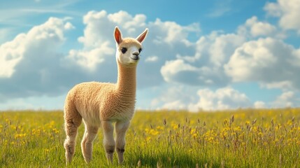 Fototapeta premium An adorable baby alpaca standing in a sunny meadow, with ample copy space in the background sky