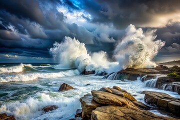 Fototapeta premium Fierce waves crash against rocky shores amidst a torrential downpour under ominous dark blues and grays.