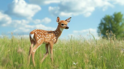 An adorable fawn walking through a grassy field, with room for text in the open field and sky