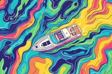 Top down view of a boat cruising through a lake, with waves in a colorful line art style
