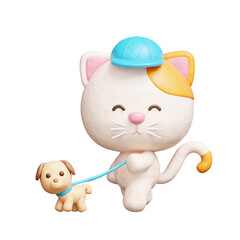 3D cute cat walking with dog, Cartoon animal character, 3D rendering.