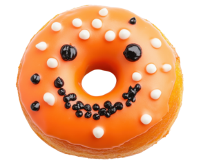 PNG Colorful smiling donut with orange icing, white and black sprinkles, isolated.