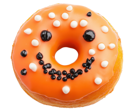 PNG Colorful smiling donut with orange icing, white and black sprinkles, isolated. - Powered by Adobe