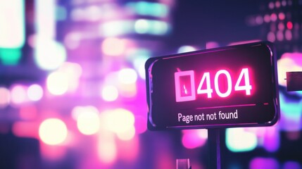 sign with glowing neon text in center "404" and text "Page not found" under it over blurred digital background