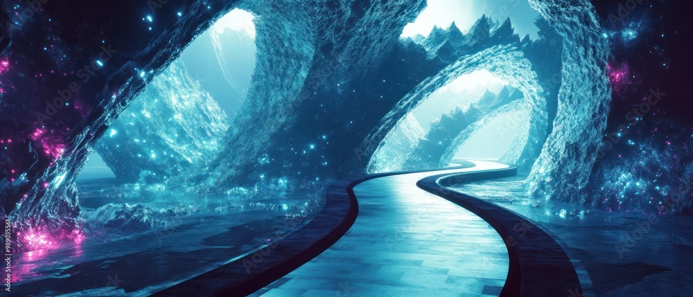 Wall mural A surreal, luminous pathway through a mystical, alien landscape.