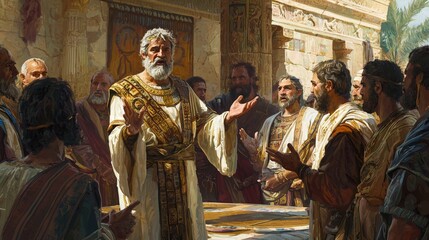 Ancient Leaders Council in Heated Debate over Strategic Decisions - Historical Scene for Print or Poster Design