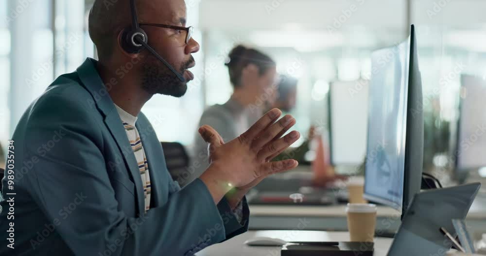 Leinwandbilder talking, virtual assistant or man on computer in call centre, telecom or tech support for customer c
