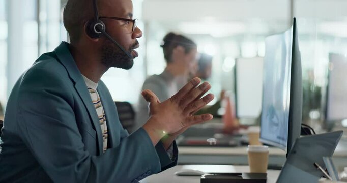 Talking, virtual assistant or man on computer in call centre, telecom or tech support for customer care. Consultant, telemarketing or inbound sales agent with advice, help or headset in discussion