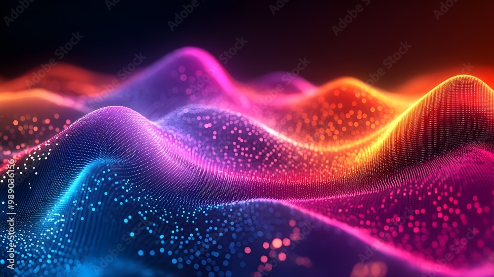 Fototapete 3d rendering of abstract digital wave particles with depth of field and bokeh - Generated AI