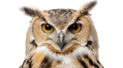 Obraz premium Owl's Intense Gaze, A captivating close-up of an owl's striking eyes against a clean white backdrop, offering a sharp and detailed view with ample space for promotional messaging.