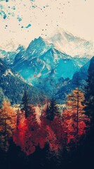 Vibrant autumn landscape with snowy mountains
